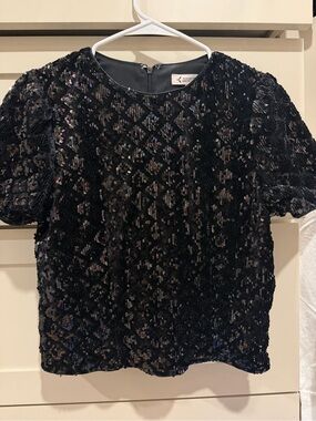 Nanette Lepore Black Sequin Puff Sleeve Top